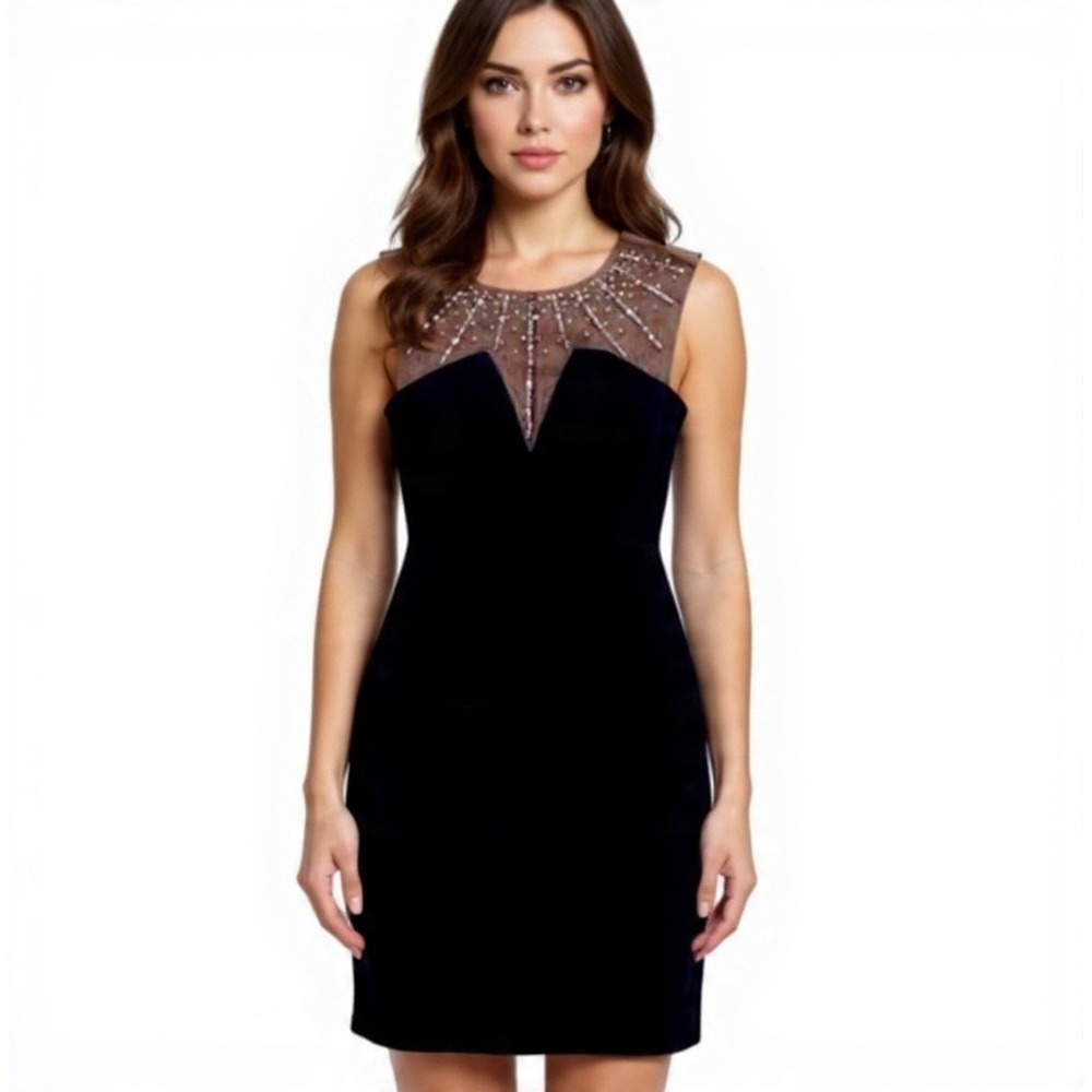 Betsy & Adam Black Dress Beaded Illusion Neckline Evening Party Formal Sz 4 Nwot